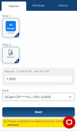 Step 1: Select the GCash method, enter the deposit amount.