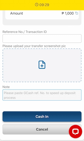 Step 3: Fill in the Reference No./ Transaction ID, upload your transfer screenshot pic, paste GCash ref. No. into Note.